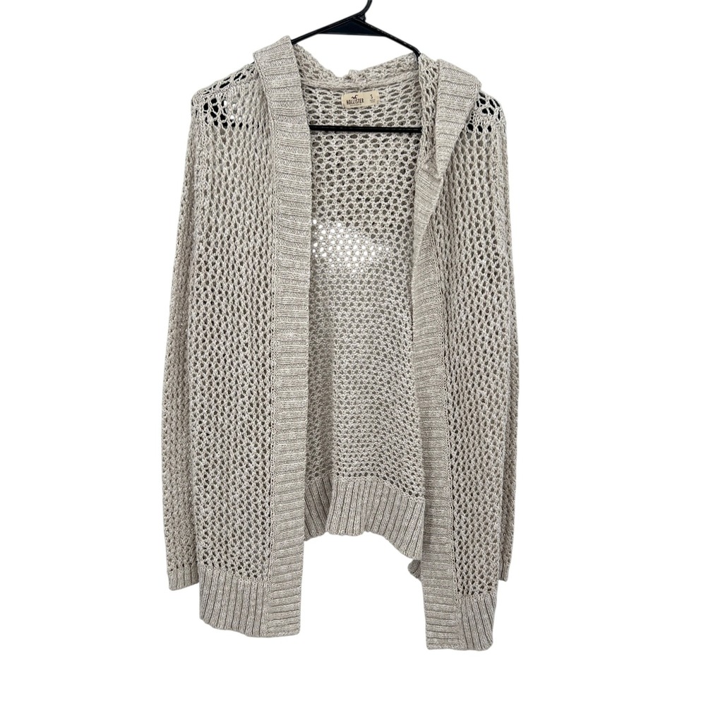Hollister Y2K Hooded Open Knit Crochet Cardigan Sweater S Oatmeal Beige Boho - Picture 1 of 8